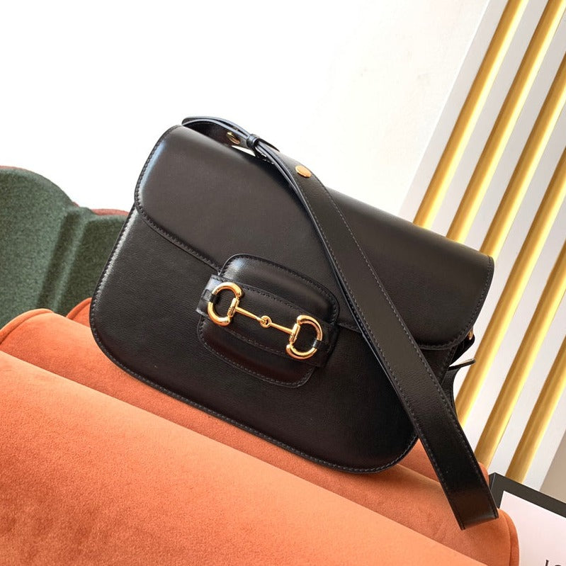 SAC À MORS GG 1955 25 CM EN CUIR DE VEAU NOIR QUINCAILLERIE DORÉ