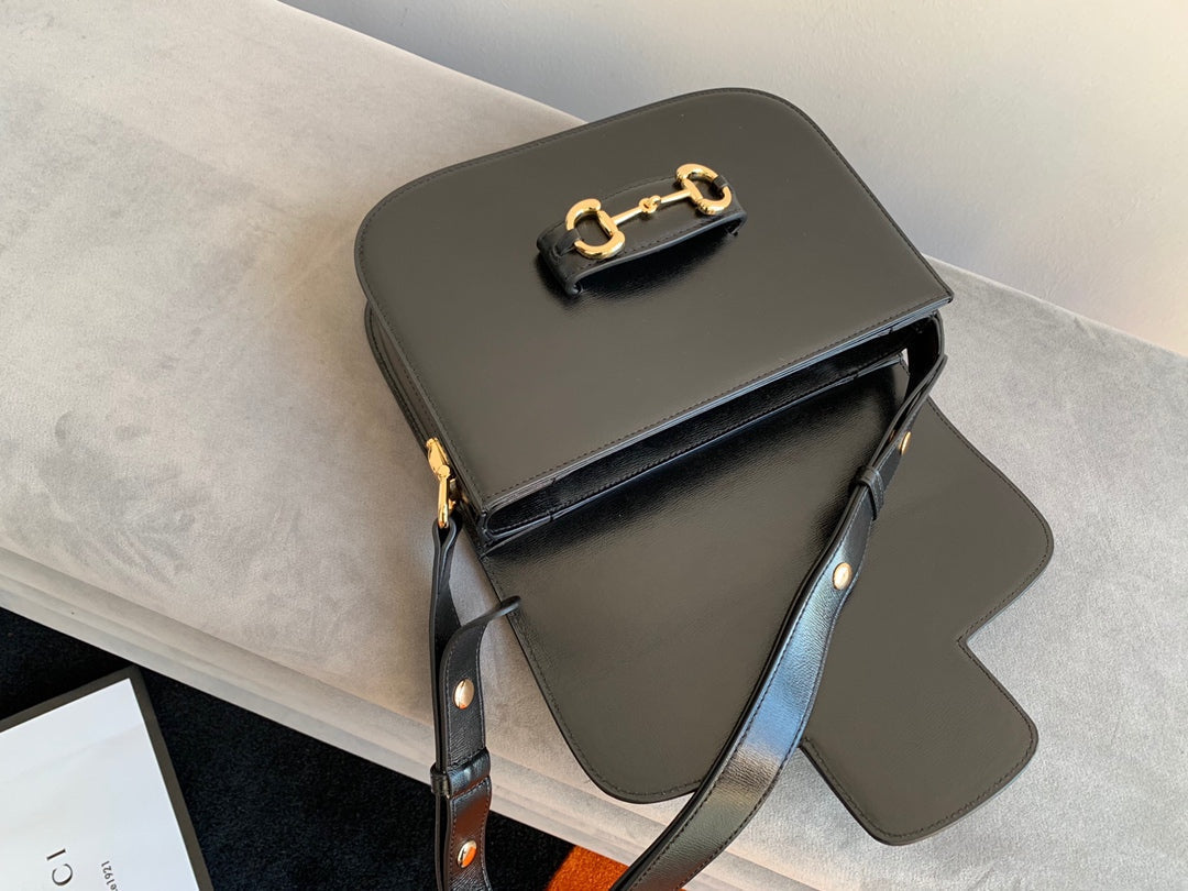 SAC À MORS GG 1955 25 CM EN CUIR DE VEAU NOIR QUINCAILLERIE DORÉ