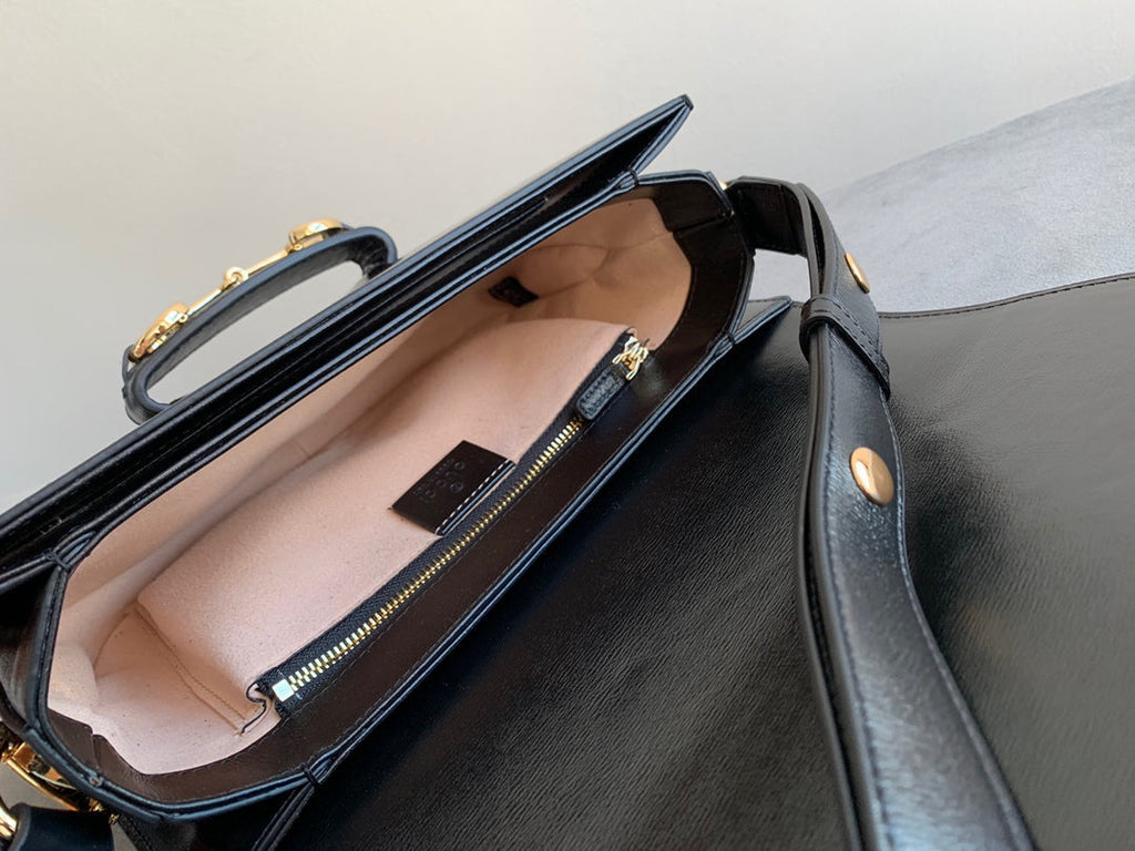 SAC À MORS GG 1955 25 CM EN CUIR DE VEAU NOIR QUINCAILLERIE DORÉ