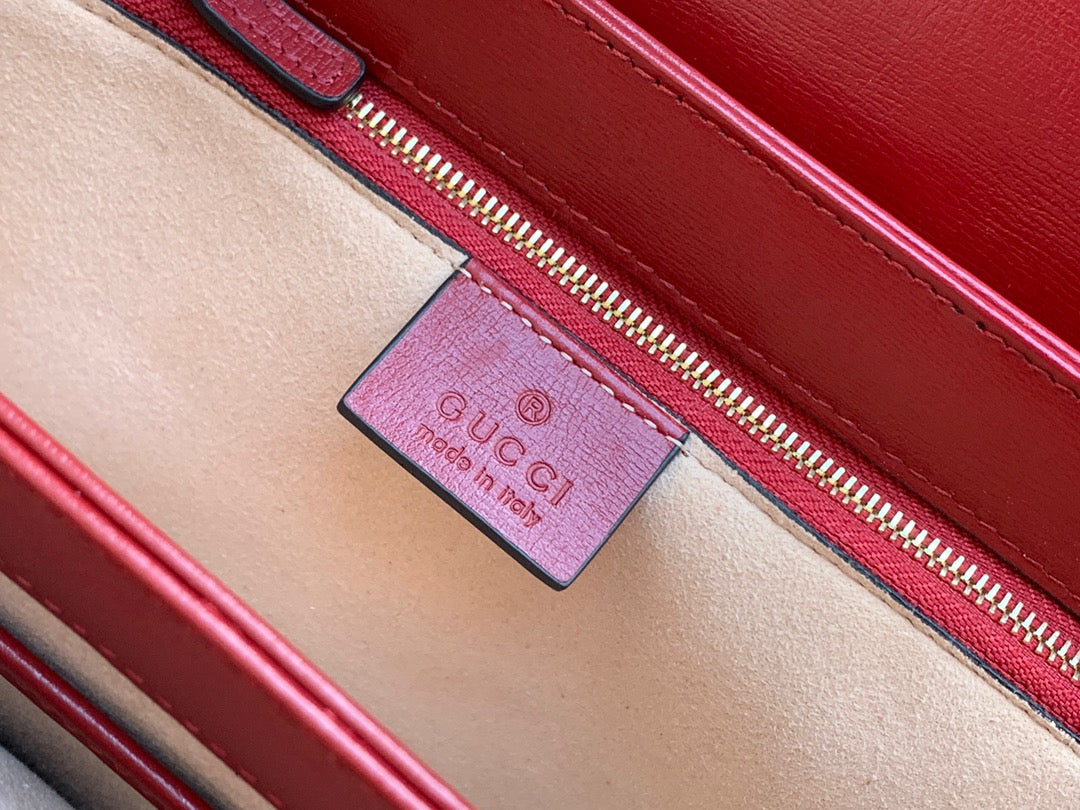 SAC À MORS GG 1955 25 CM CUIR ROUGE TOILE BEIGE QUINCAILLERIE DORÉ