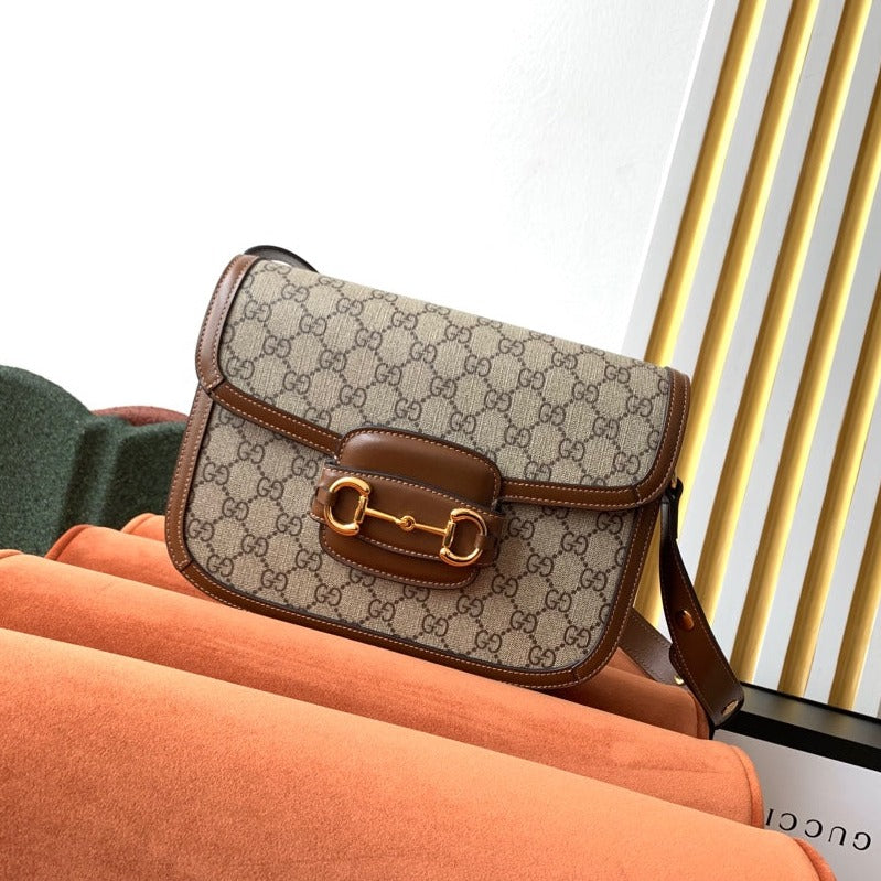 GG 1955 HORSEBIT BAG 25CM BROWN LEATHER BEIGE CANVAS GOLD HARDWARE