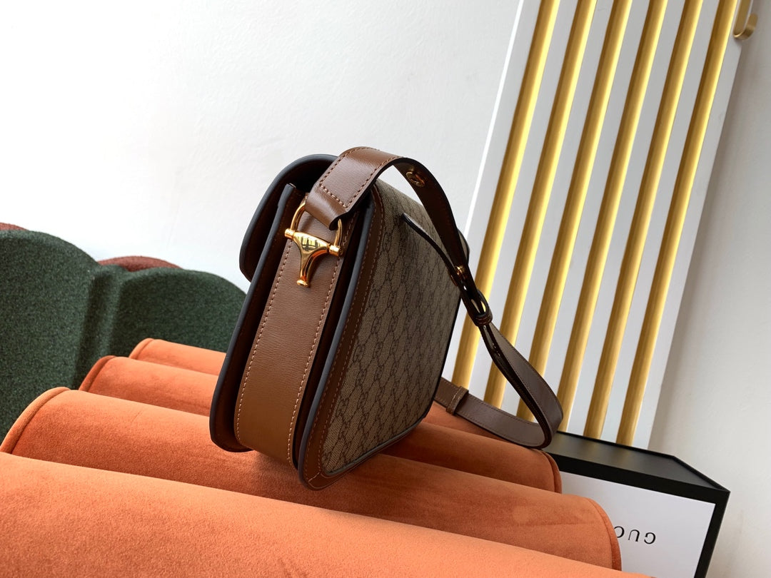 GG 1955 HORSEBIT BAG 25CM BROWN LEATHER BEIGE CANVAS GOLD HARDWARE