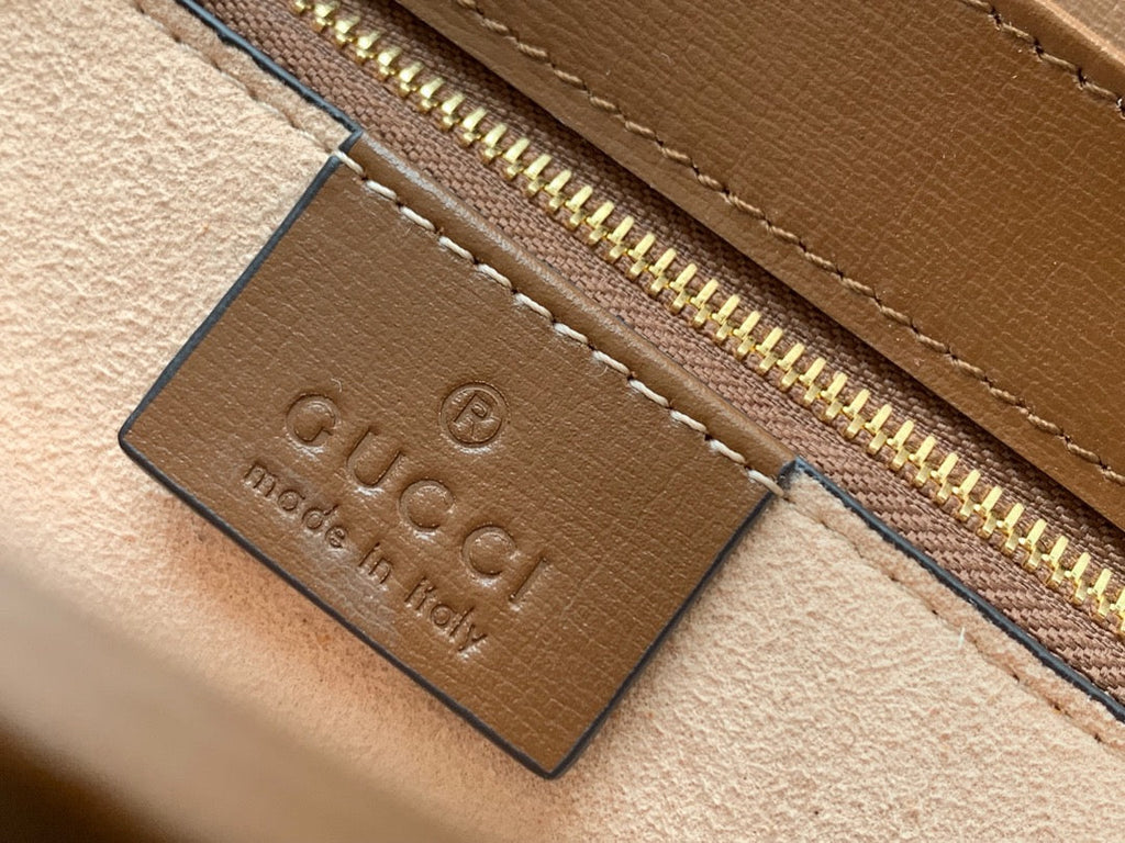 GG 1955 HORSEBIT BAG 25CM BROWN LEATHER BEIGE CANVAS GOLD HARDWARE