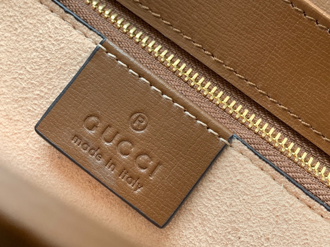 GG 1955 HORSEBIT BAG 25CM BROWN LEATHER BEIGE CANVAS GOLD HARDWARE
