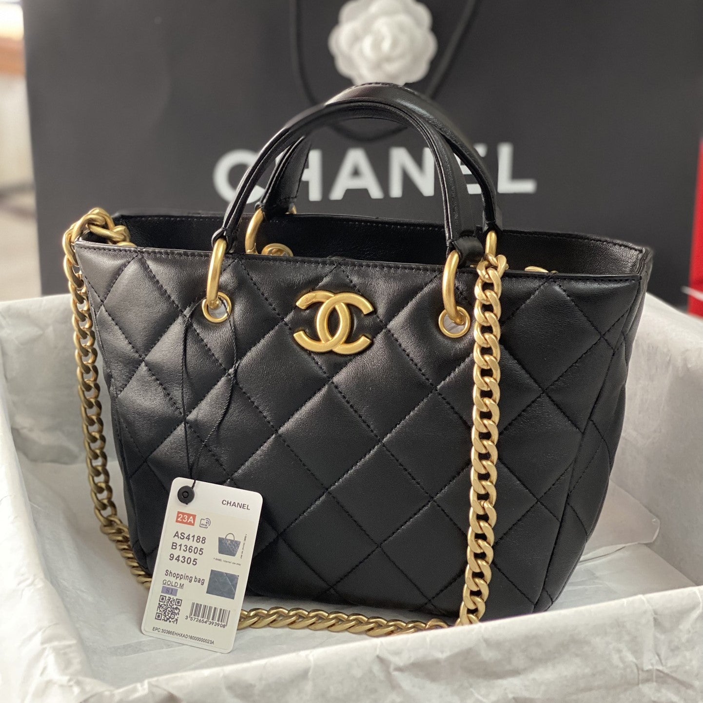 CC 2WAY CHAIN SHOULDER TOTE BAG BLACK LEATHER