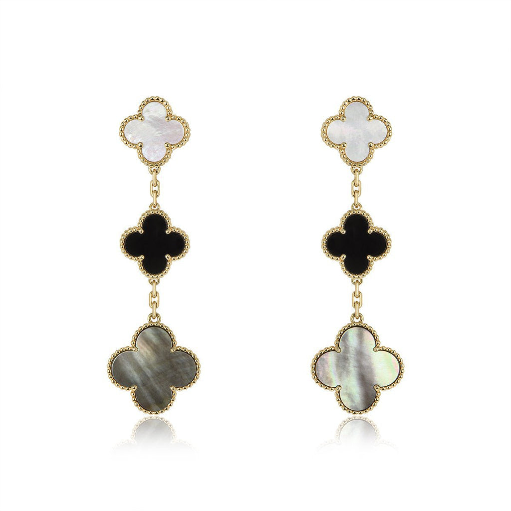 BOUCLES D'OREILLES TRÈFLE OR ONYX NACRE 3 MOTIFS 